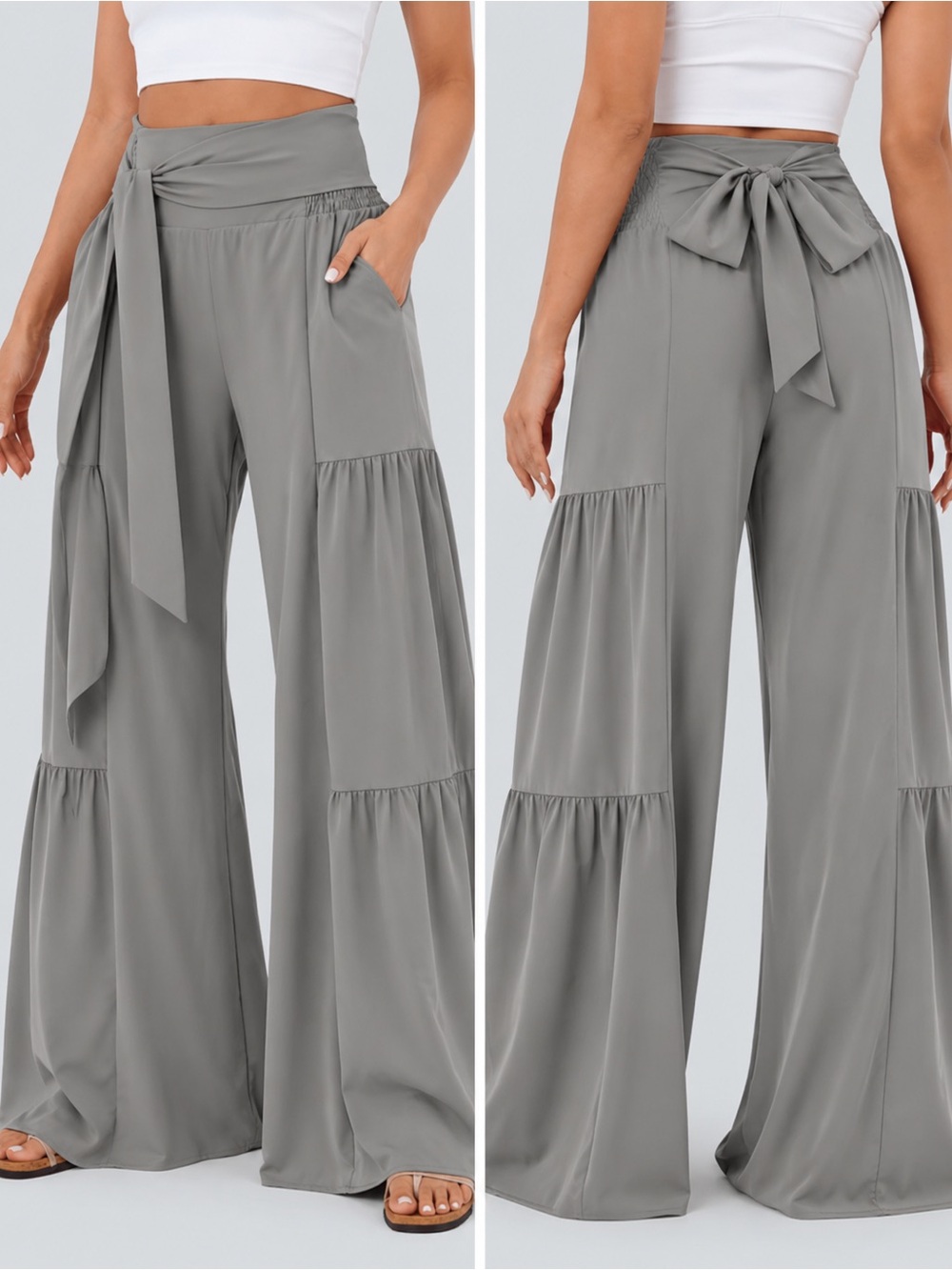Halara Gray Tie-Waist Wide Leg Tiered Pants – Size M Regular